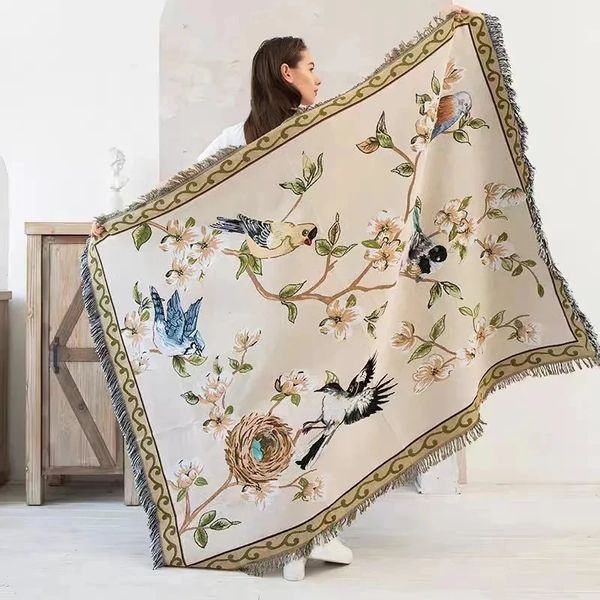 Winter -Wandteppich -Drop Shipmodern Einfache Sofa -Decke für nordische Blume und Vogelgestricke Wurfbettbedeckung 231221