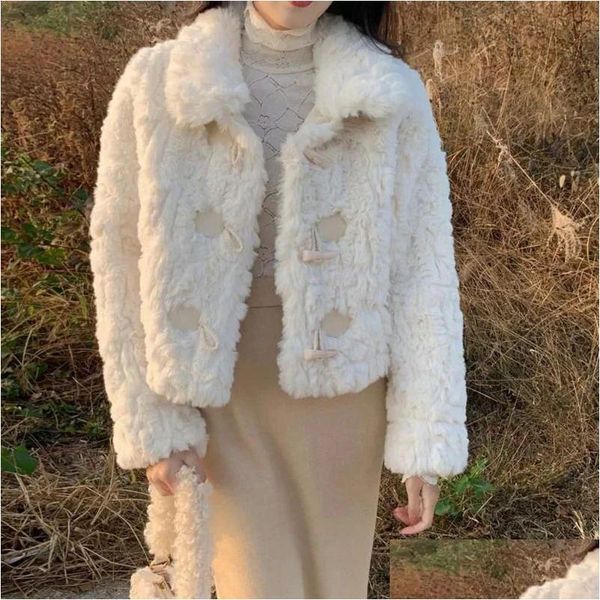 Damenfell Faux Synthetic Damen Weiß Fuchs Mantel Mode süße kurze dicke, warme elegante Vintage Jacke Schichten Frauen Mujeres Kaninchen Drop dhfis