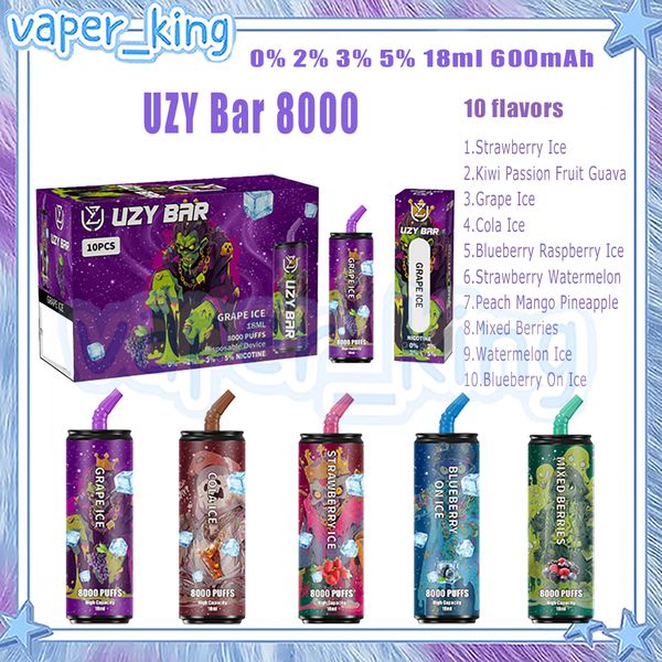 Розничная торговля UZY Bar 8000 Puffs Электронные сигареты Mesh Coil 18 мл Стручок 600 мАч Аккумулятор Электронные сигареты Puffs 8K 0% 2% 3% 5% 10 вкусов Vape Pen Быстрая доставка
