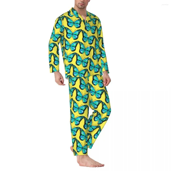 Pijama de borboleta azul masculina Pijama de borboleta mensal elegante Kawaii Sleep Nightwear Spring de duas peças Casual Pattern de terno doméstico