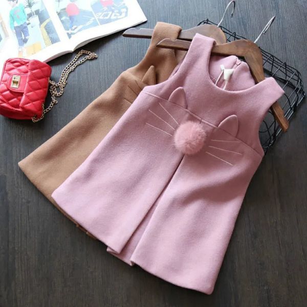 Abito da ragazze in stile coreano Autunno inverno in lana abiti per ragazze Dress per gatto per bambini carino vestiti invernali 2-7t 231222