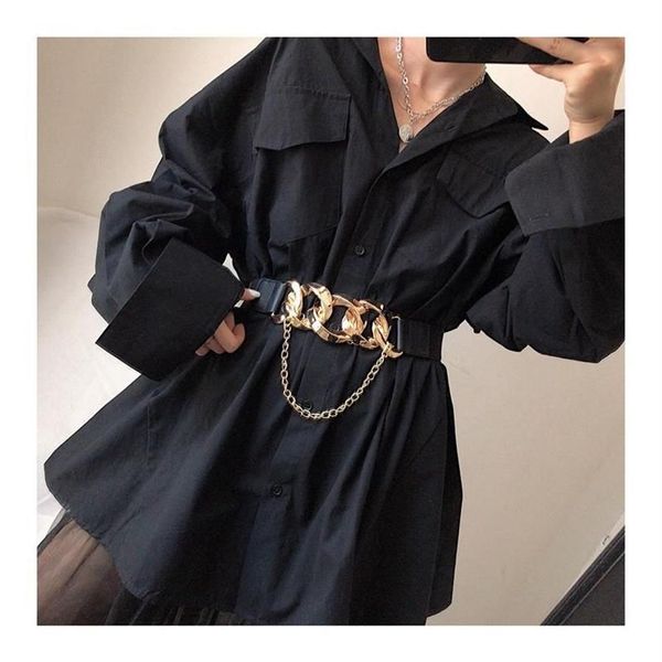 Gold Big Chain Buckle Tassel Belts for Women Coat Solid Wide Elastic Caskbands Dress Black Stretch Cummerbund Acessórios de festa245n