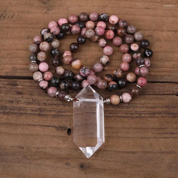 Ketten schwarze Rhodonit Mala Perlen 108 Gebets Halskette Heilung Kristall Quarz Punkt Anhänger Yogaschmuck