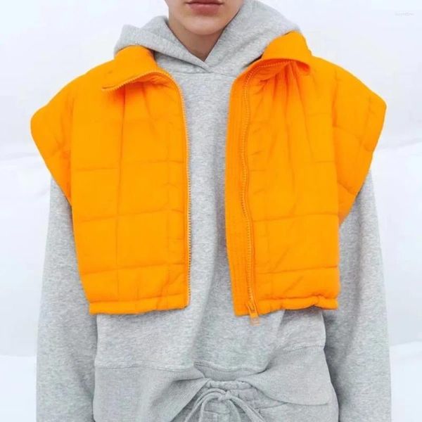 Frauen in Down 2023 Winter warme Westen Frauen Orange Casual High Collar Reißverschluss hoch ärmellose Weste Mode geschnittene karierte weibliche Parkas Weste