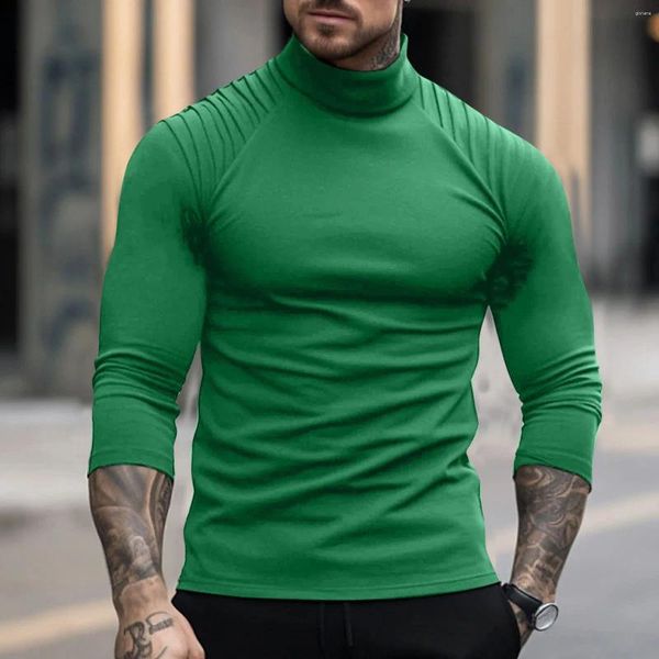 Camisetas masculinas camisetas machos de manga longa plissada Turtleneck shirt shirts para o homem de moda de moda de moda tops mass fitness sportwear roupas