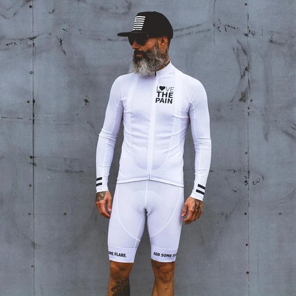 Sets Radsporttrikots Sets Love the Pain White Cycling Jersey Anzug USA Ciclismo -Team Kleidung Herren Hemd Langarm Labber Shorts Roadbike