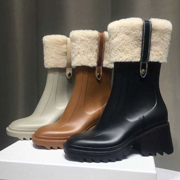 Kadın ayak bileği bot pvc betty yağmur botları su geçirmez welly botları ile fermuarlı bayanlar kızlar kare baş ayakkabıları moda diz boyu boot rain boots en kaliteli y8wd#