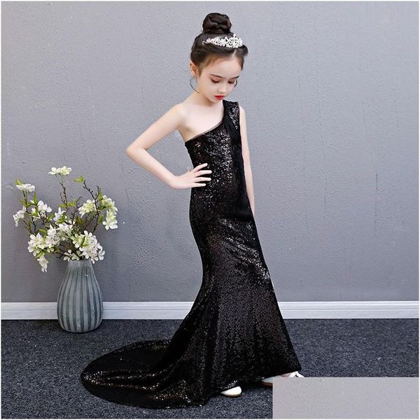 Mädchenkleider schwarzer Pailletten Meerjungfrau Kleid Alter für 3-14 Jahre Teenager Mädchen One-Shower Vintage Noble Graduation Kleider Abendparty Kid Dho1j