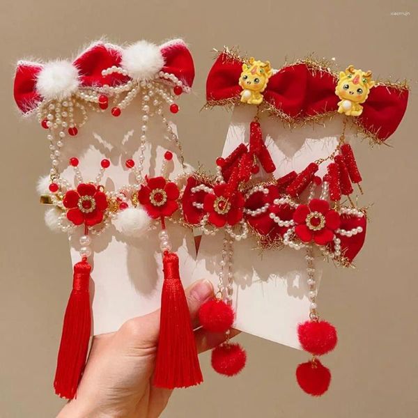 Accessori per capelli Nappe per bambini Wig Tascola tangamio tang clip cinese Anno di copricapo Treccia antica arco rosso