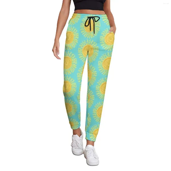 Calça feminina abstrata sun impressa mulher sol -lhela de sol casual salto de moletom de mola design estético calças de tamanho grande ideia de presente