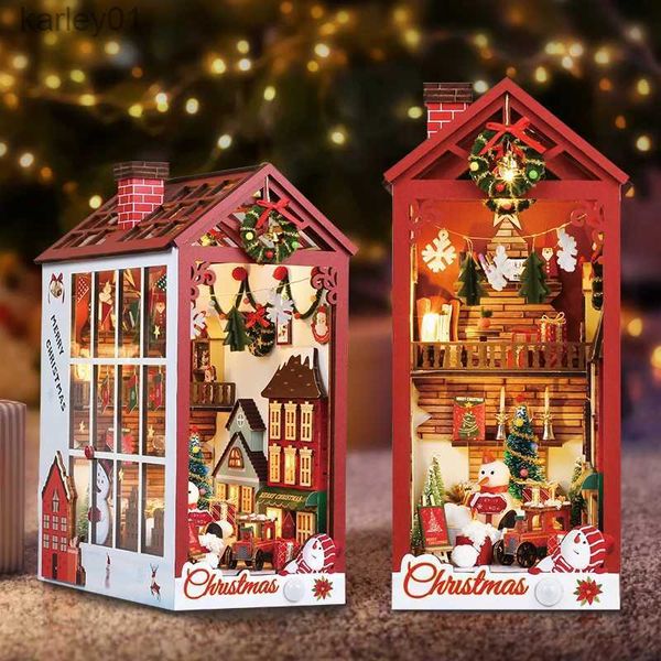 3D Puzzles Christmas Book Nook 3D Puzzle Doll House com poeira Sensor Light Music Box Presente Idéias Bookshelf Insert Para presente de Natal YQ231222