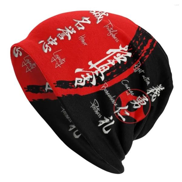 Berets Kyokushin Karate Bushido Werte Motorhaubenhüte coole gestrickte Hut für Frauen Männer Winter warme Kampfkünste Schädel