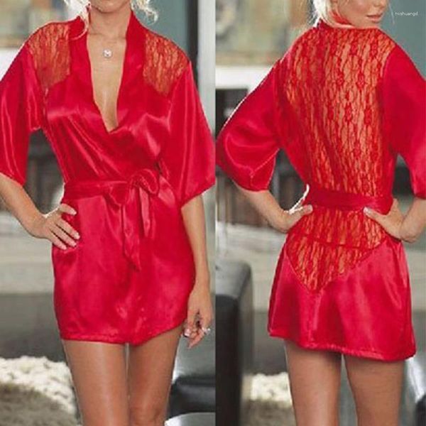 Frauen Nachtwäsche sexy Frauen erotische Dessous glatte Seide Satin Robe hohle Hochzeits-Dressing-Kleid Bademäntel Spitze durchsichtige Nachthemd