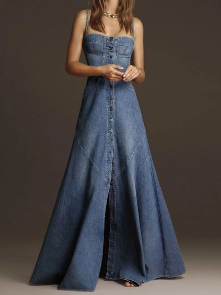 Moda kadın denim tank elbisesi vintage kare yakalı bel, sundress yaz düğmeleri maxi elbise tatil katı elbiseler 231222