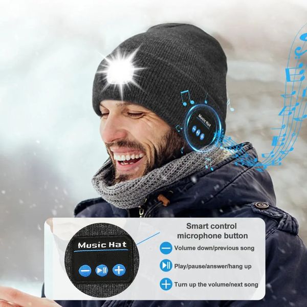 Freisprecher Mütze wiederaufladbare Bluetooth-LED-Hut hohe Helligkeit Beleuchtung Wireless Musik Winter warme Kappe für Nacht Joggen 231221