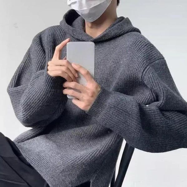 Maglioni maschili da uomo maglione con cappuccio inverno colore solido accogliente a maglia con pullover casual retrò diviso laterale caldo