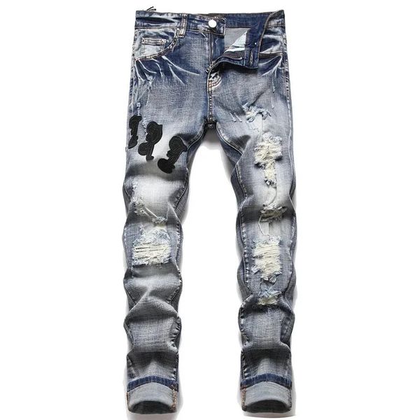 High Street Borderyery Men Ripped Streetwear Jeans Punk Pants for Man Slim Fashion Small pés jeans masculinos 231222