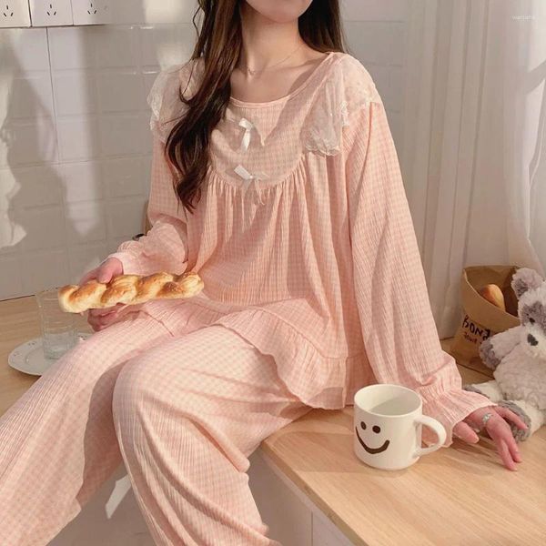 Frauen Nachtwäsche Frühling Fall Girls Süße frische Langarmhose Zweiteiler Heimnachtkleidung koreanische Spitze Plaid Pullover Pyjama
