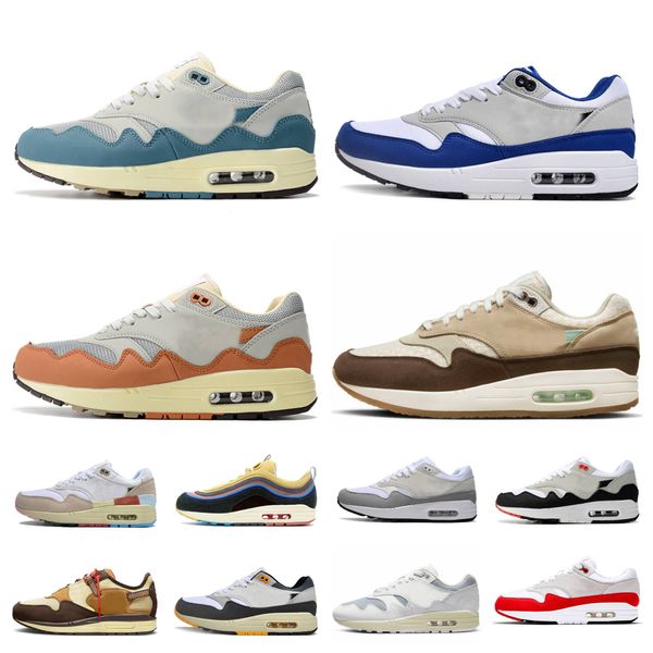 2024 Patta Waves Max 1 Running Running Men masculino Travis 1s Branco Wabi Sabi Sabi Denim Olive Canvas Kasina Won Ang Gray Orange Sneakers Airs 87 Treinadores de ruído aqua