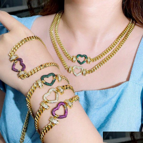 Ohrringe Halskette brasilianische Goldfarbe Kubanische Verbindung Kette Liebe Herz Charme CZ Halskette Armband Armreifen Schmuck Sets für Frauen Geschenk t5 Dhymn