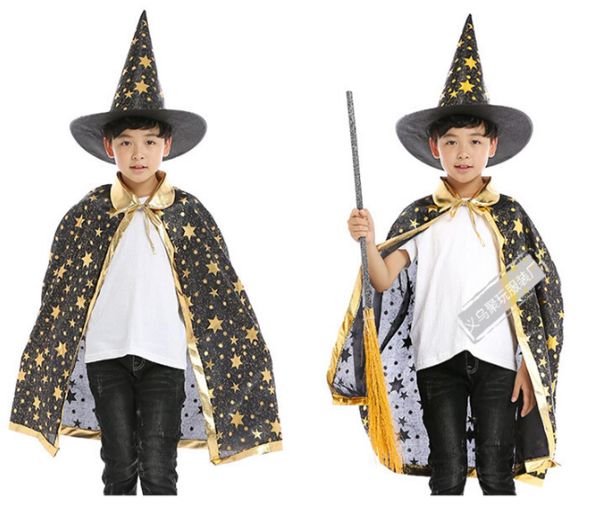 Halloween Cloak for Kids Stars Printed Hat Cape Magic Witch Cosplay Sets Costumes9817522