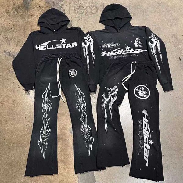 Rock Hip Hop Street Hellstar Hoodies Set Yıkalı Alev Mektup Baskı Kapşonlu Kazak Erkek Kadınlar Büyük Boyut Cehennem Yıldız Sweatshirt T 41SZ