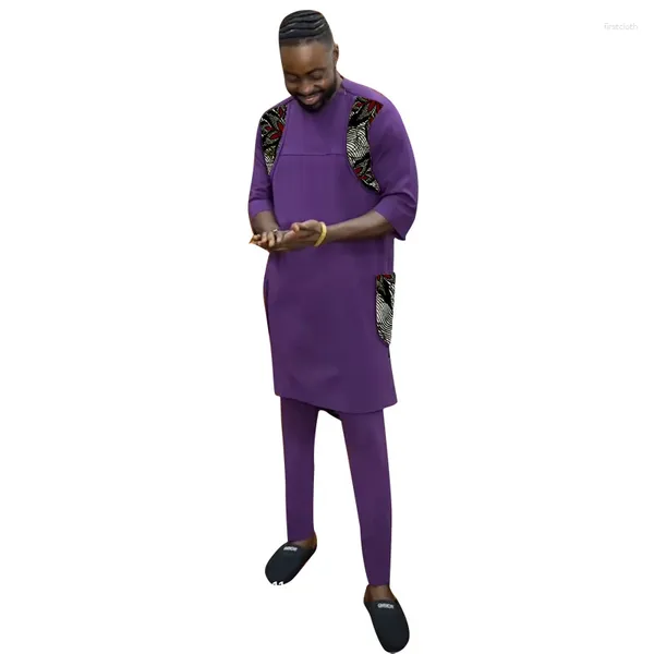 Roupas étnicas Roupas africanas sets masculinos roxos Tops de retalhos com pura calça amarela Moda nigeriana alfaiate feito com roupas de casamento