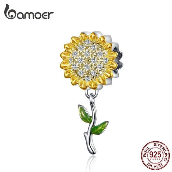 Bamoer Gold Color Sunflower Charm для женщин серебряный браслет 925 стерлинговый серебряный эмалевой эмалевой листья Diy Jewelry Acsessy Scc1211 Q0216G