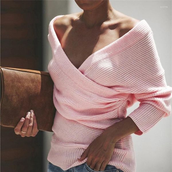 Frauenpullover Girls Pink Netter Langarm V-Ausschnitt sexy Strickwege Lose gestrickte Pullover übergroß