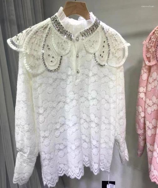 Blusas femininas leves luxuosos, diamantes de luxo, camisas de renda de contas e mulheres outono de baixo para baixo rosa de fundo coreano de fundo coreano