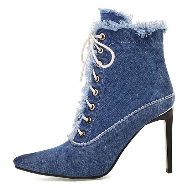 Sapatos de renda até botas jeans outono primavera mulheres botas de tornozelo apontou toe estilo moda salto alto jeans sapatos de festa meninas tamanho grande