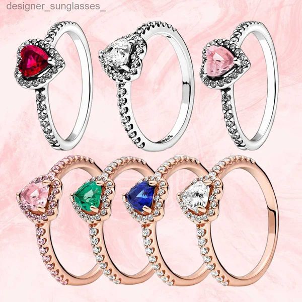 Anéis de banda 925 anel de prata esterlina elevado coração vermelho com anéis de zircão de cristal colorido para mulheres presente de aniversário de dia dos namorados jóias diy 231222