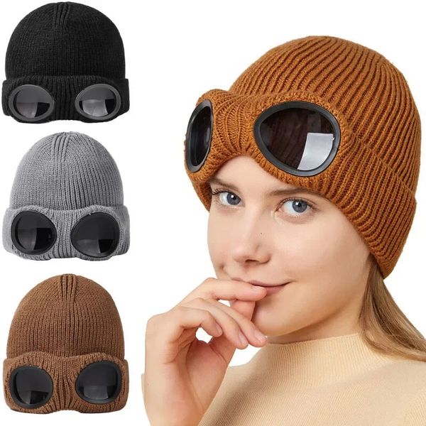 Warm Winterstrickhut mit Brille Mann Frauen Beanie Fleece Radsporthut Windschutz Stil Beinöber Binokular Skibrillen Cap 231221