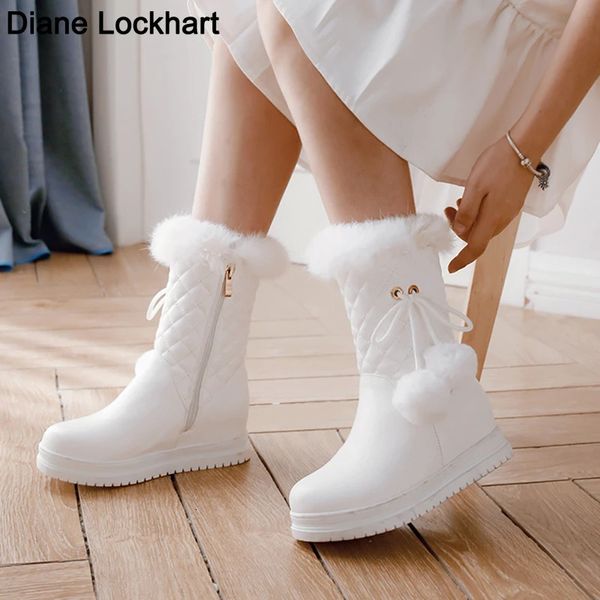 Frauen Plattform Dicken Plüsch Warme Schnee Stiefel Winter Mittlere Waden Höhe Zunehmende Mode Mädchen Schuhe Weiße Booties 231221