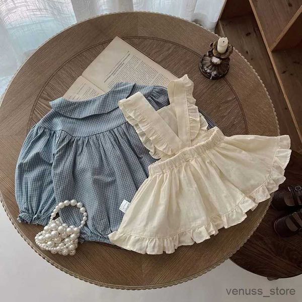 Vestidos de menina Autumn Spring Criano bebê roupas de menina de menina de mangas compridas macacão xadrez de algodão+vestido de colete sem mangas 0-24m Conjunto de roupas para crianças