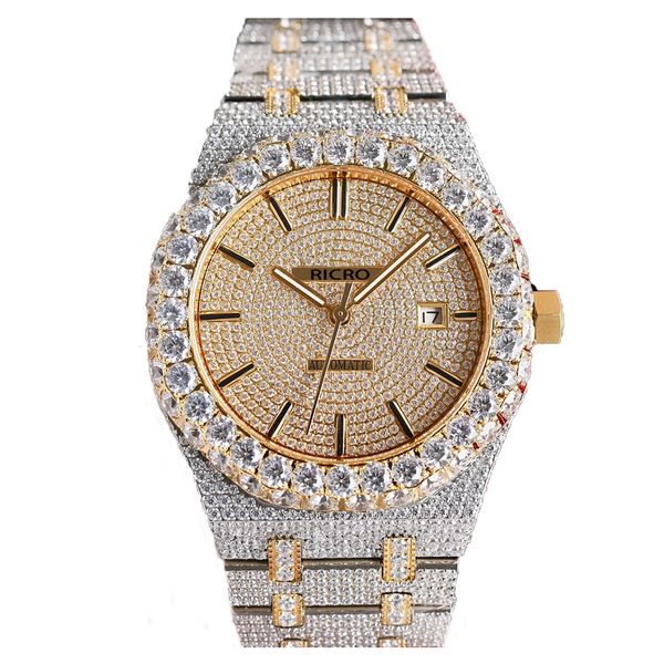 Top Luxury Men's Watch Gold und Silber Doppelfarbe Edelstahl Diamant-Set-Hülle Automatische mechanische Bewegung Bogenschnalle 42 mm Ricro