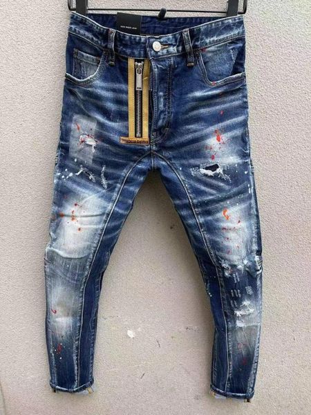 Jeans masculinos 2023 Splash Ink False Zipper Hole Scratch Fashion Pants T82#