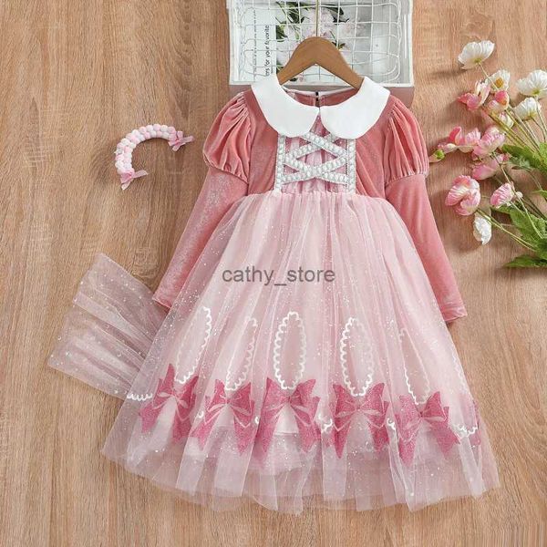 Vestidos de meninas Meninas vestido princesa primavera e outono novas meninas de cor sólida vestido de gaze doce com capa vestidos ropa de nial231222