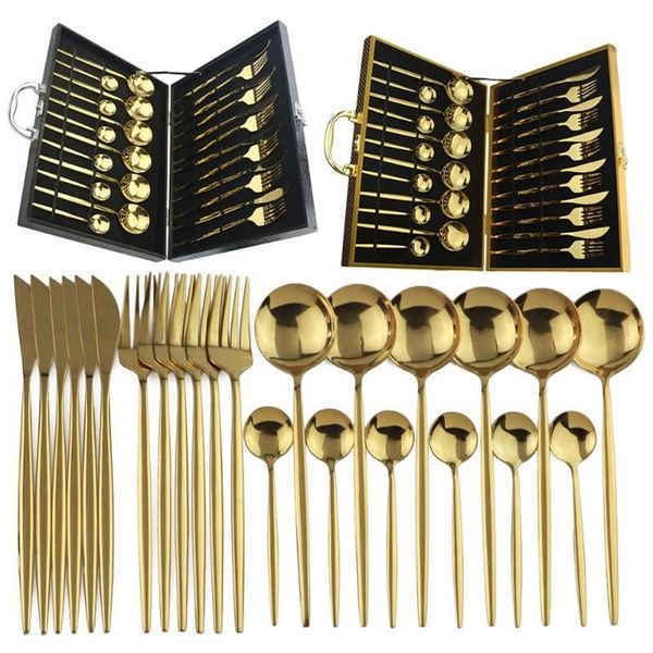 24PCS Gold Dinnerwaren Set 18 10 Edelstahl -Besteckset Lnife Fork Löffel Cutlery Kitchengeschirr Silber mit Geschenkbox264W