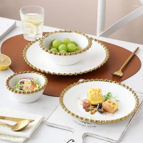 Teller weißes Keramik -Geschirr Set Home El Round Abendessen und Suppensalatschalen Hochzeitsfeier mit goldenem Rand servieren