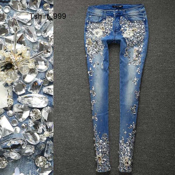 Donne Rhinestones Diamond Leggings jeans jeans pantaloni magri tratto più dimensioni matite sottili pantaloni vintage krlq