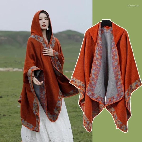 Eşarplar Kadın Kapşonlu Poncho Cape Etnik Çiçek Büyük Boyutlu Sweater Pelerin Şal Sargılar Seyahat için Açık Ön Hırka Palto Battaniyesi