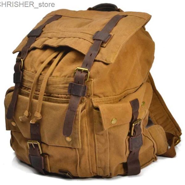 Outdoor -Taschen Vintage Leder Military Leinwand Reise -Rucksäcke Männer Frauen Schule Rucksäcke Männer Reisen Bag Big Canvas Rucksack Großer Bagl231222