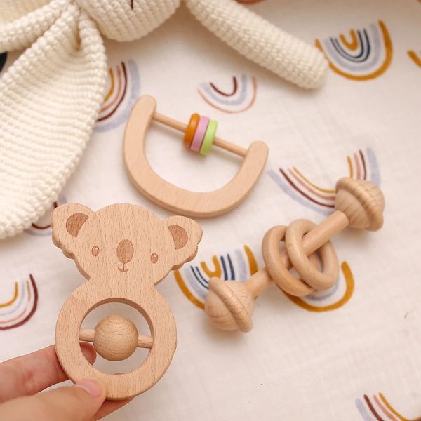 3pc Natural Beech Wood Tier Rasseln Spielzeug Set Nagetier Zahnen Geborene Soother -Zähnen Baby Molare Geburtstagsgeschenk 231221