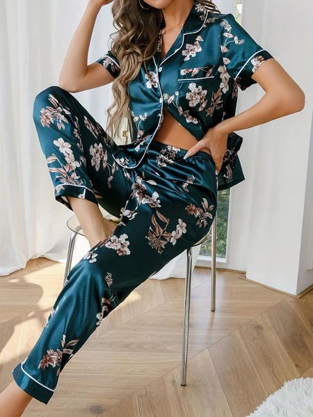 Pijama de cetim com estampa floral com estampa floral feminina definir conforto com manga curta de bolso de lapela de calça longa de calça longa