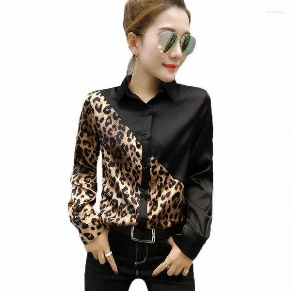 Женские блузки высококачественные модные лоскутная мода леопардовая блуза Женская офисная рубашка дамы весеннее длинное рукав Элегантные печать