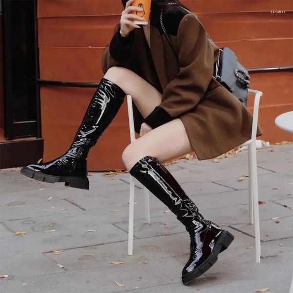 Stivali 2023 PU Leather Winter Fall Women Knee High Spesse Feel Cinta Long Fashion Candy Colori Ladies Party