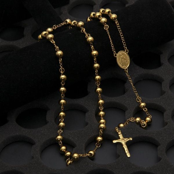 Nova deusa católica Virgen de Guadalupe 8mm BEADS 18K Gold Bated Rosary Jóias Jóias Jesus Crucifix Cross Pingnder Pingnder