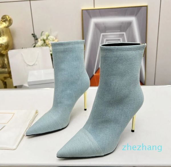 Top Qualit Color Jeans Denim -Knöchel -Zip -Stiefel speicherte Zehen Stiletto Heels gedruckt Leder Sohle Frauen Luxusdesignerin Chelsea Shoes Factory Schuhe Größe