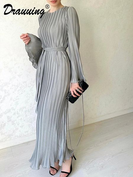 Drauuing Flare Sleeve Maxi Dres Lange Spitze up Schlanke Weibliche Feste Falte Rüschen Party Herbst 231221